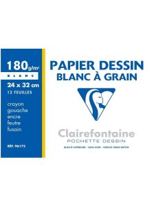 12 feuilles de papier dessin à grain 180 g/m² - 240 x 320 mm - Blanc CLAIREFONTAINE