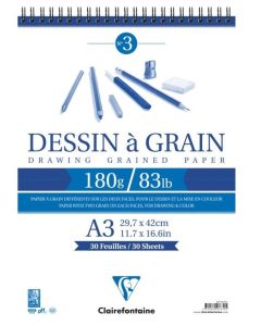 Bloc spiralé de 30 feuilles - Papier à dessin à Grain - A3 CLAIREFONTAINE